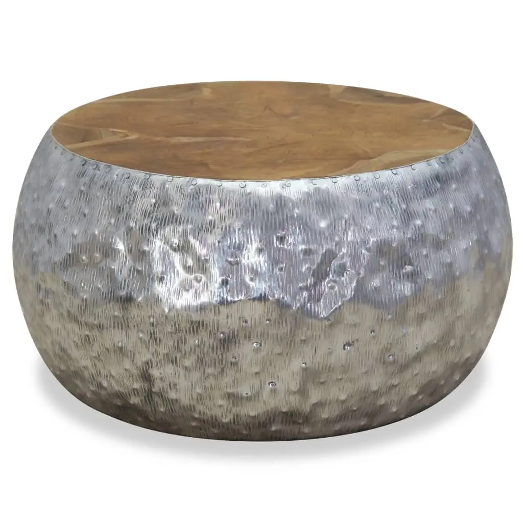 Round Coffee Table Teak Tabletop Aluminium Frame 60x60x30cm