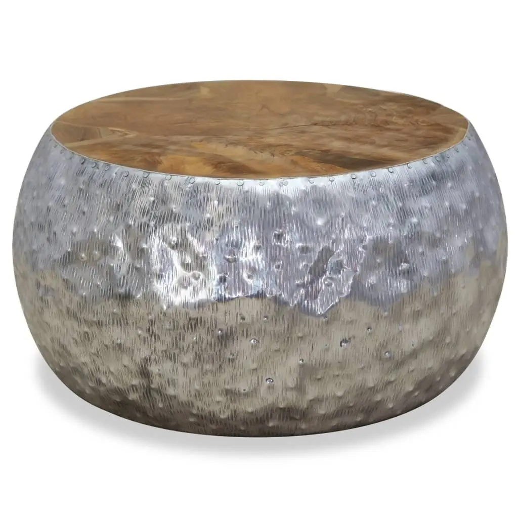 Round Coffee Table Teak Tabletop Aluminium Frame 60x60x30cm