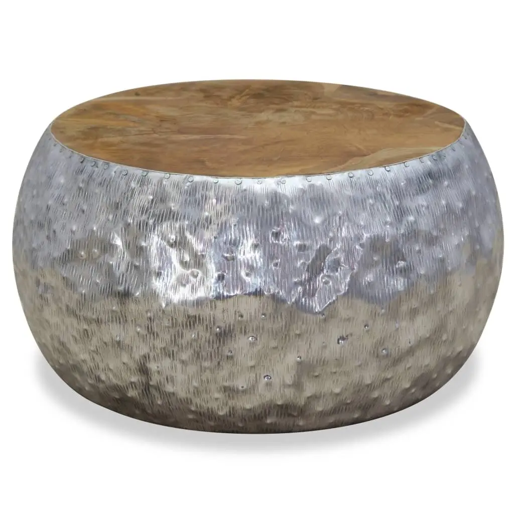 Round Coffee Table Teak Tabletop Aluminium Frame 60x60x30cm
