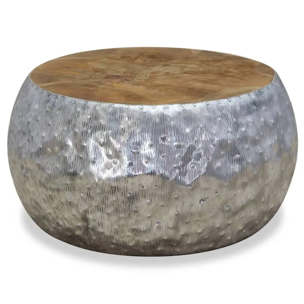 Round Coffee Table Teak Tabletop Aluminium Frame 60x60x30cm