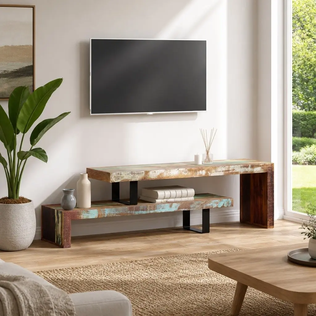 TV Stand Solid Reclaimed Wood Brown Stackable Storage Cabinet 2-Tier Lowboard