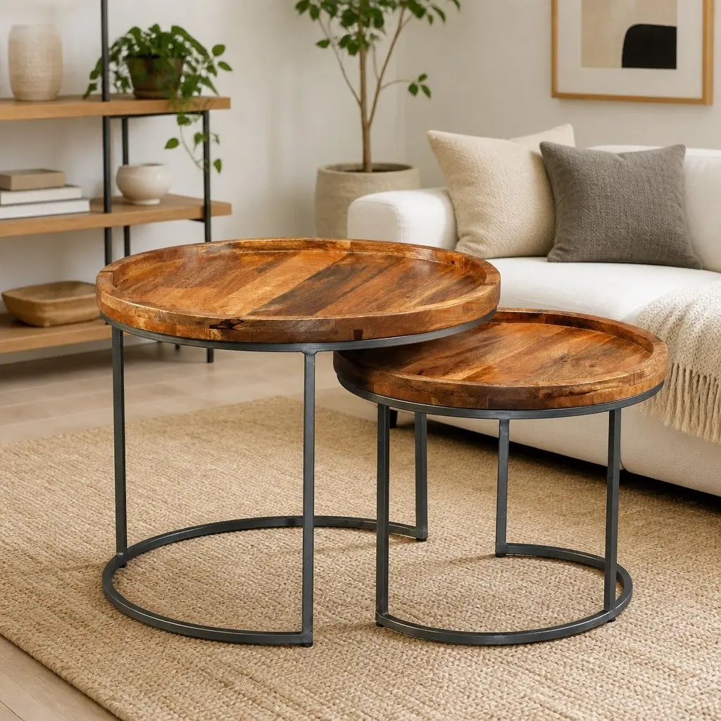 Side Table Set Industrial Vintage Solid Mango Wood 2 Pieces