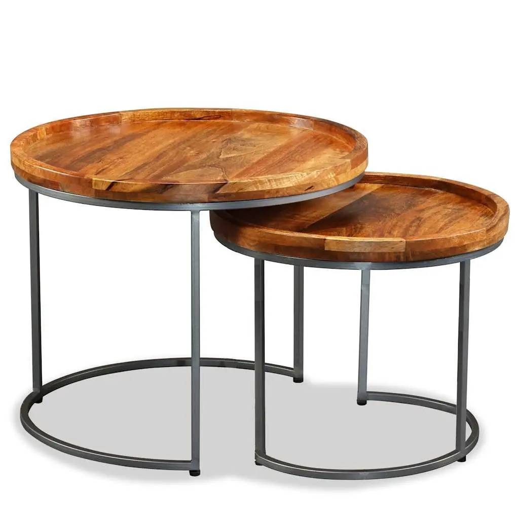 Side Table Set Industrial Vintage Solid Mango Wood 2 Pieces