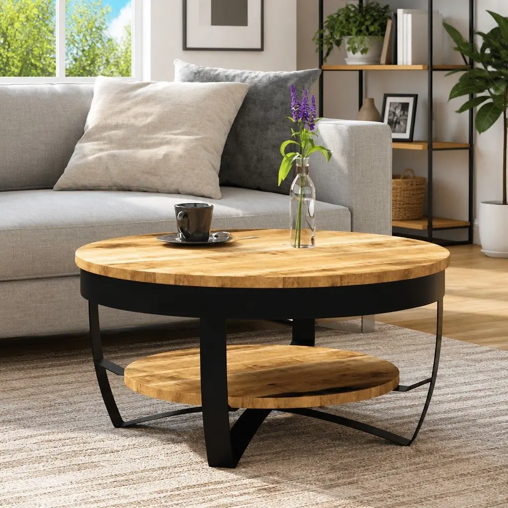 Coffee Table 65cm Solid Mango Wood Industrial Vintage Side End Table Shelf