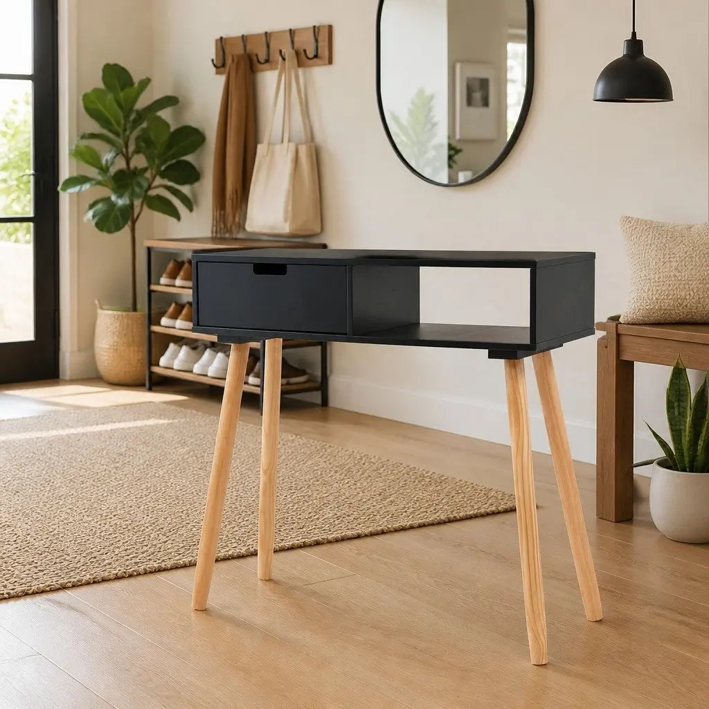 Black Console Table Solid Pinewood Accent End Table Living Room Furniture