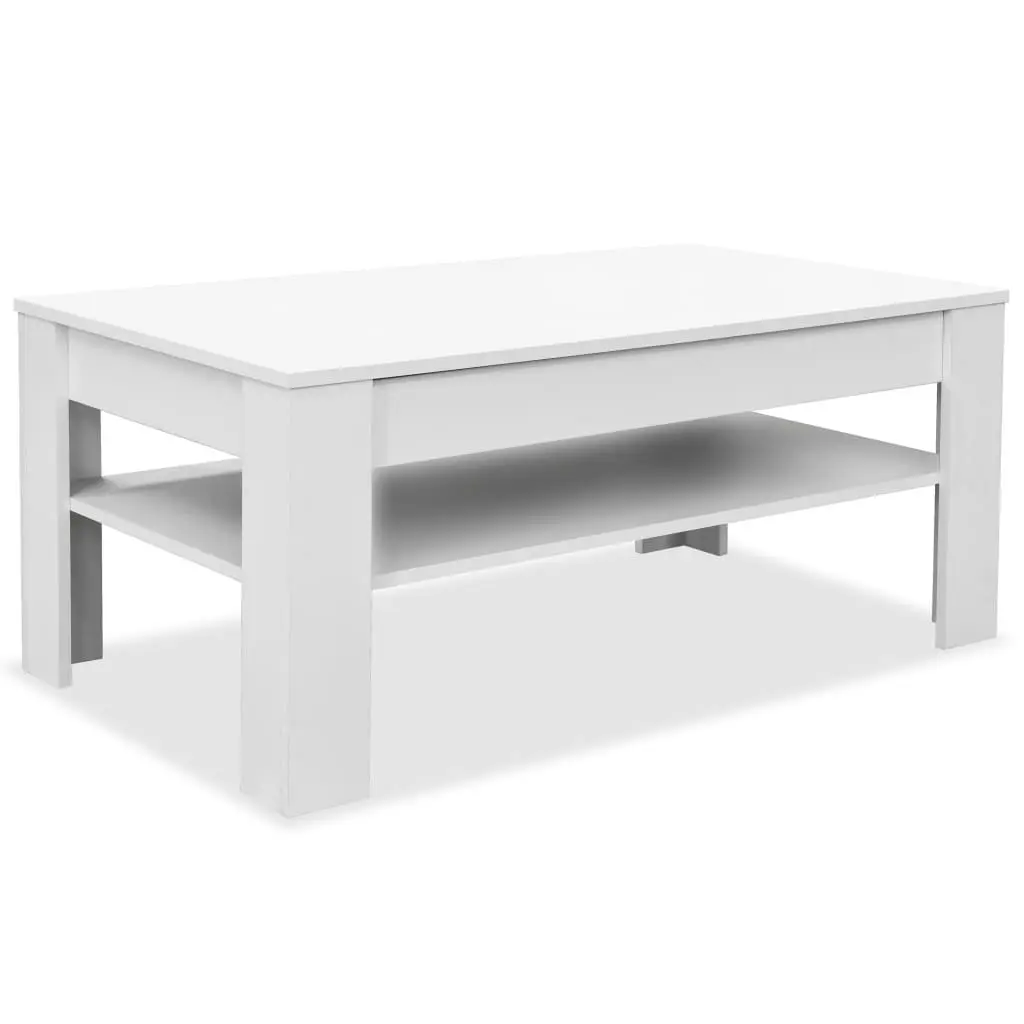 White Coffee Table with Storage Drawer Lower Shelf Modern Design Living Room