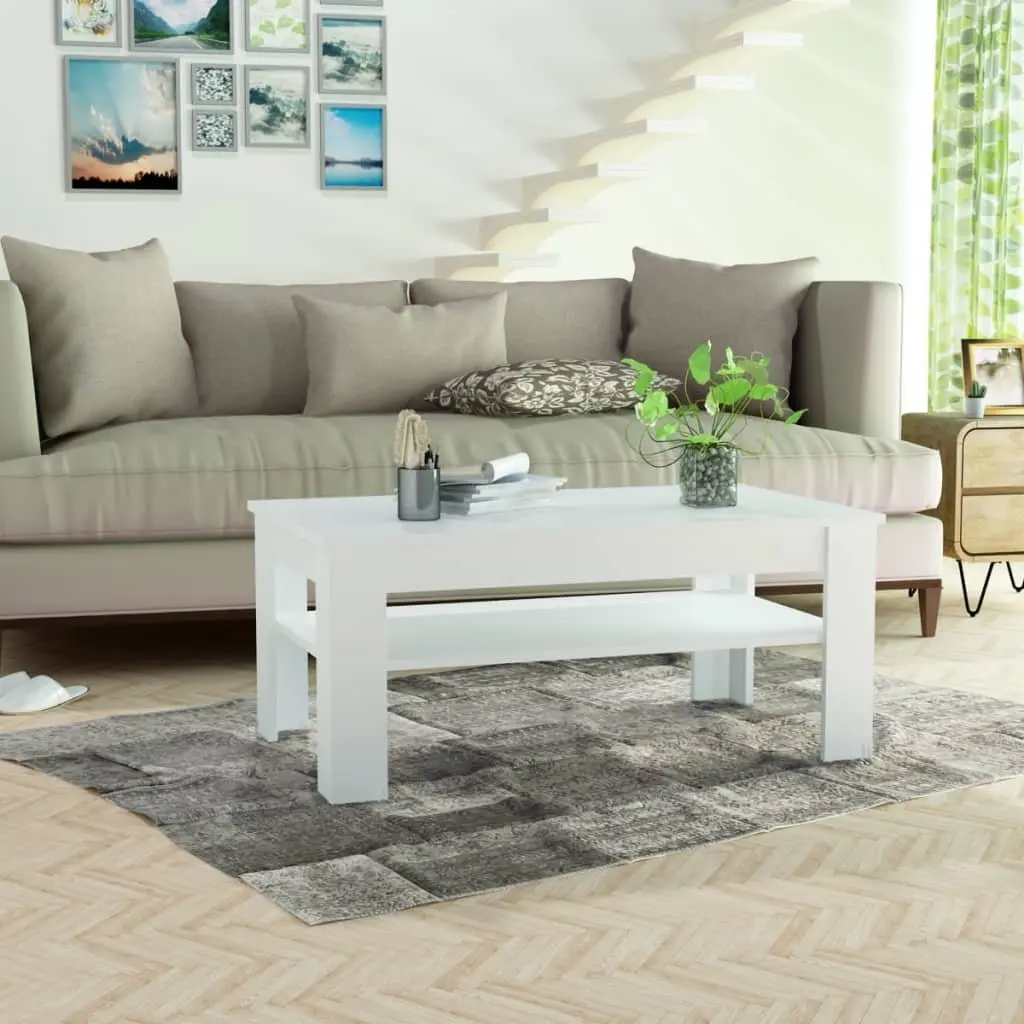 White Coffee Table with Storage Drawer Lower Shelf Modern Design Living Room