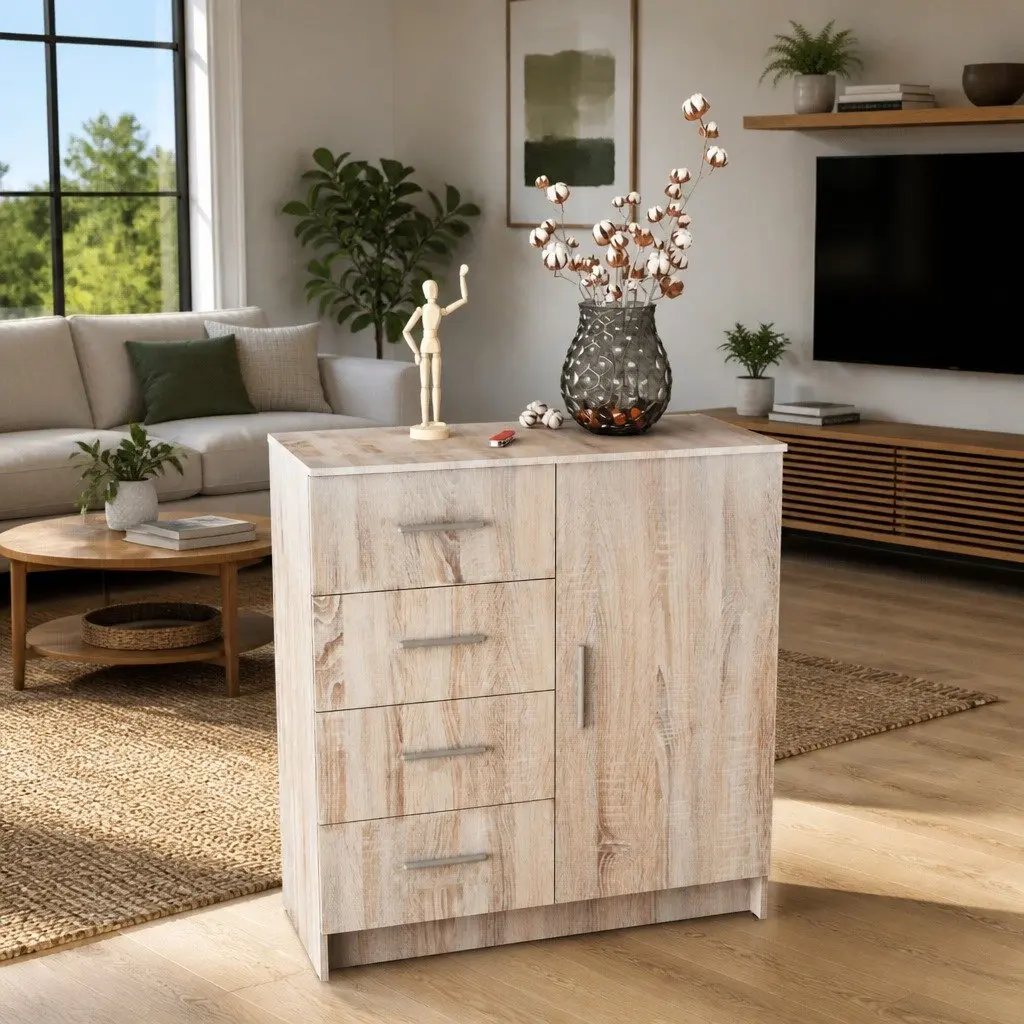 Engineered Wood Sideboard Storage Cabinet Brown Oak 4 Drawers 1 Compartment