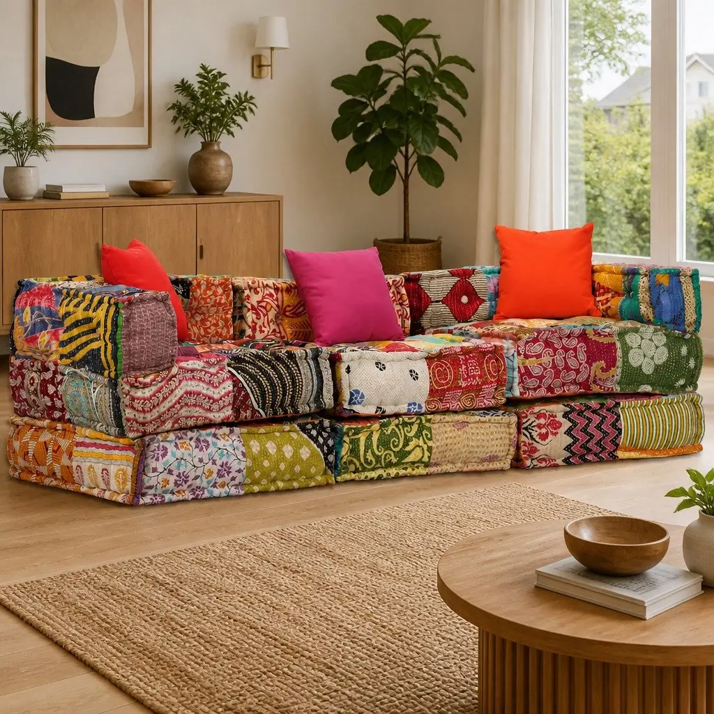 Modular Pouffe Patchwork Multicolour 3-Seater Sofa Bed Convertible Lounge