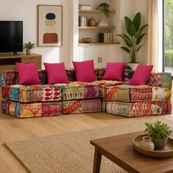 4-Seater Modular Pouffe Patchwork Fabric Multicolour Convertible Sofa Bed Lounge