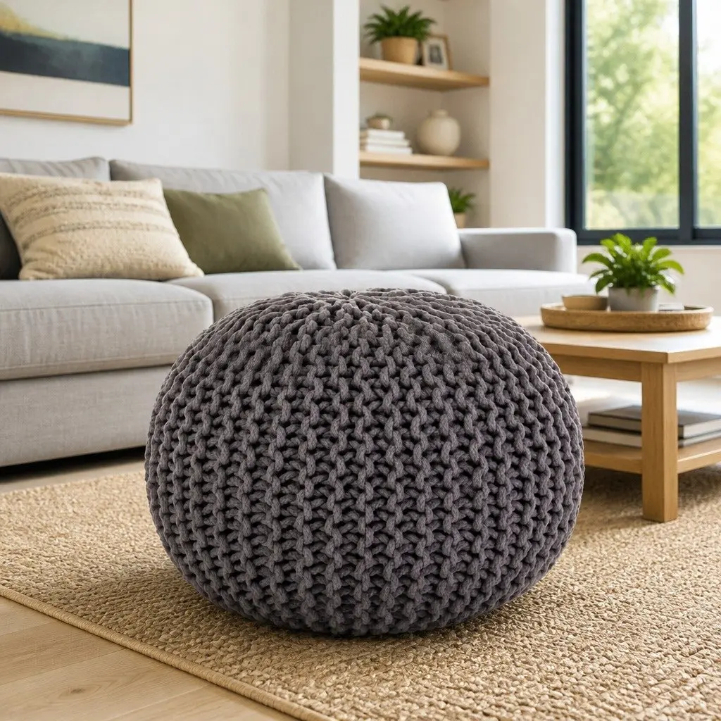 Cotton Grey Pouffe Footstool Hand-Knitted 50x35cm Modern Decorative Accent