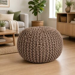 Hand-Knitted Cotton Pouffe Footstool Foot Rest Home Decor Brown 50x35 cm