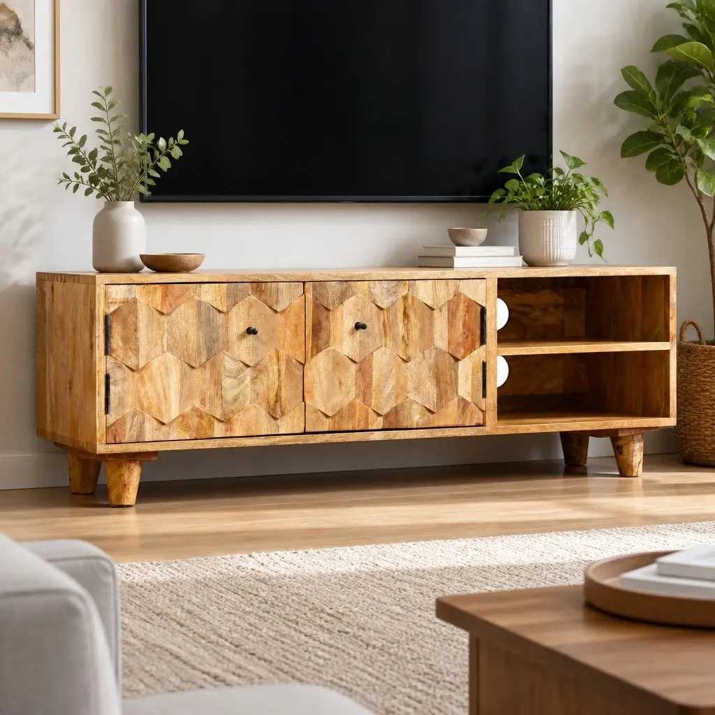 TV Cabinet Solid Mango Wood Lowboard Living Room Storage Unit Brown 118x35x40cm