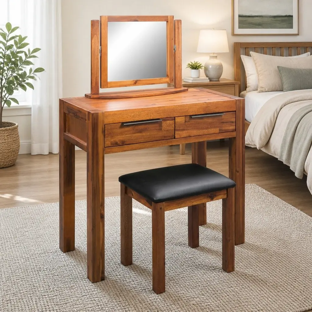Vanity Unit with Stool and Mirror Solid Acacia Wood Bedroom Set