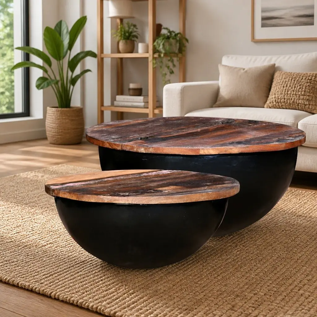 Coffee Table Set Industrial Bowl Shape 2 Pieces Solid Reclaimed Wood Black