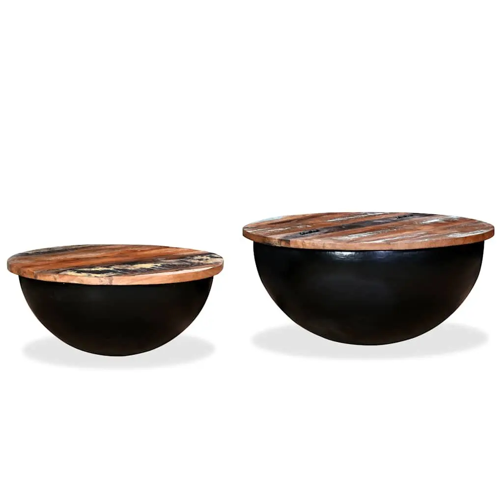 Coffee Table Set Industrial Bowl Shape 2 Pieces Solid Reclaimed Wood Black