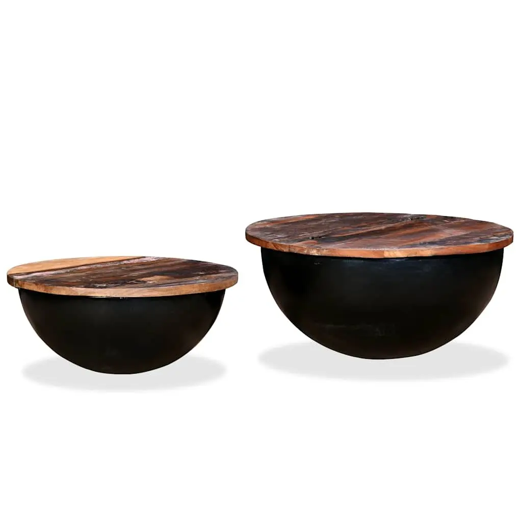 Coffee Table Set Industrial Bowl Shape 2 Pieces Solid Reclaimed Wood Black