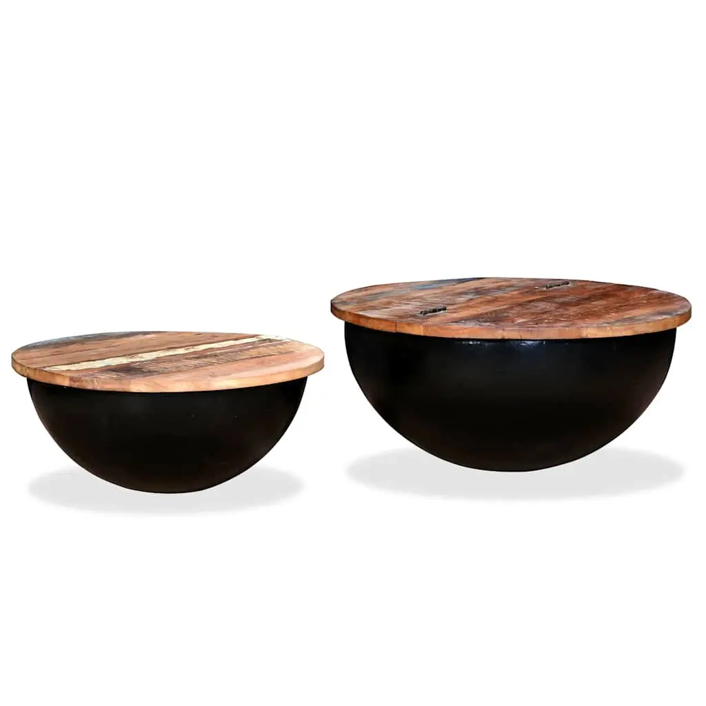 Coffee Table Set Industrial Bowl Shape 2 Pieces Solid Reclaimed Wood Black