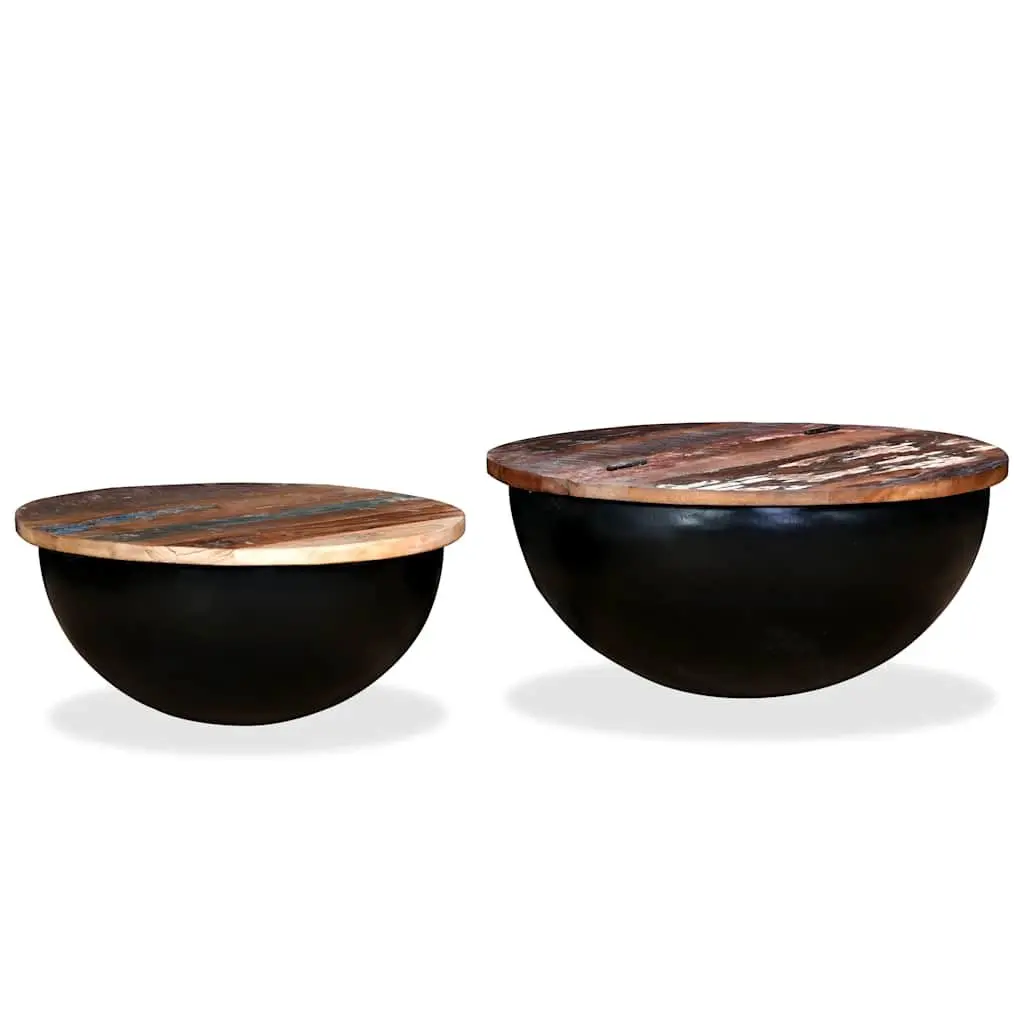 Coffee Table Set Industrial Bowl Shape 2 Pieces Solid Reclaimed Wood Black