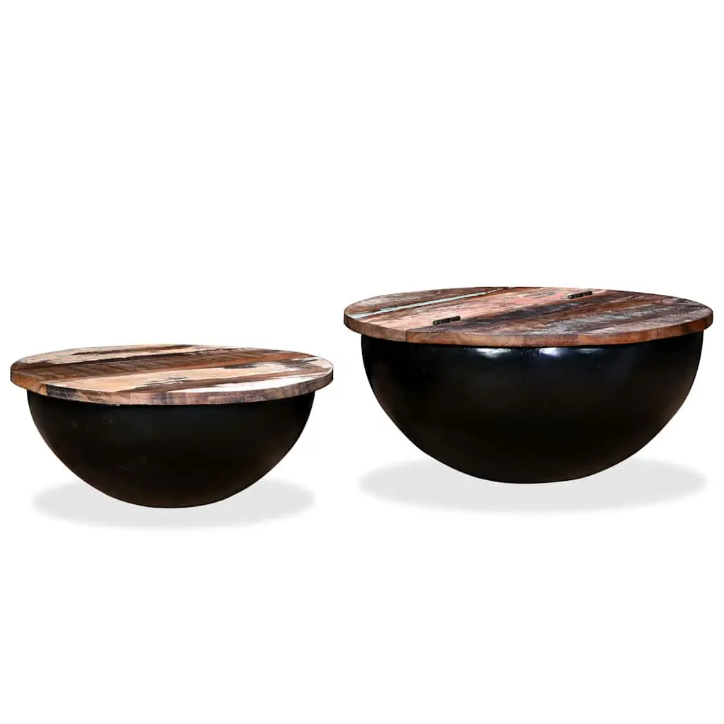 Coffee Table Set Industrial Bowl Shape 2 Pieces Solid Reclaimed Wood Black