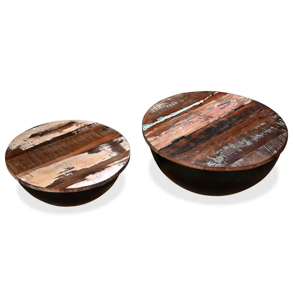 Coffee Table Set Industrial Bowl Shape 2 Pieces Solid Reclaimed Wood Black