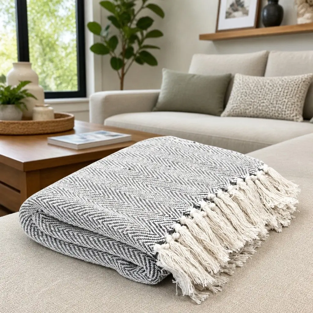 Soft Grey Cotton Throw Blanket 125x150 cm Herringbone