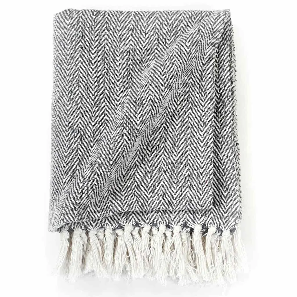 Cotton Throw Blanket Herringbone Plaid 125x150cm Navy Blue Tassel Design