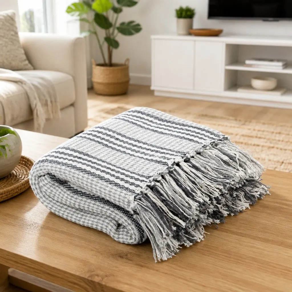 Cotton Throw Blanket, Grey and White Stripes