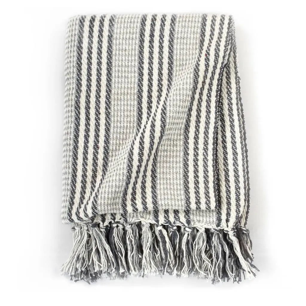 Cotton Throw Blanket, Grey and White Stripes