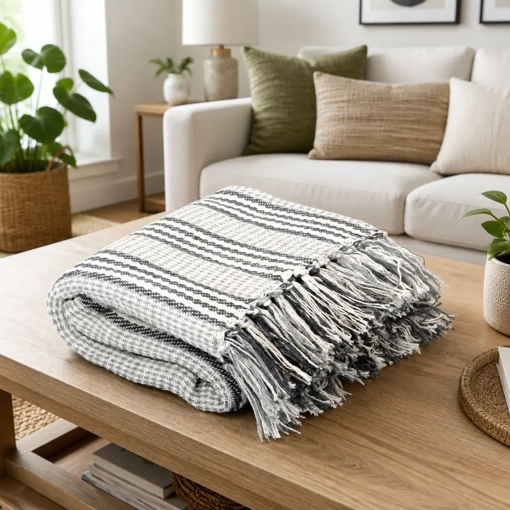 Cotton Throw Blanket Striped Grey White 220x250 cm Soft Plaid Tassel