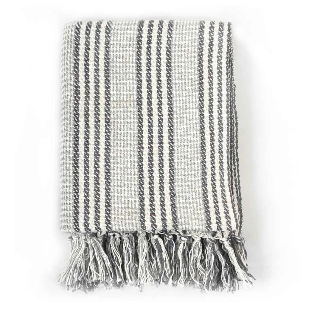 Cotton Throw Blanket Striped Grey White 220x250 cm Soft Plaid Tassel