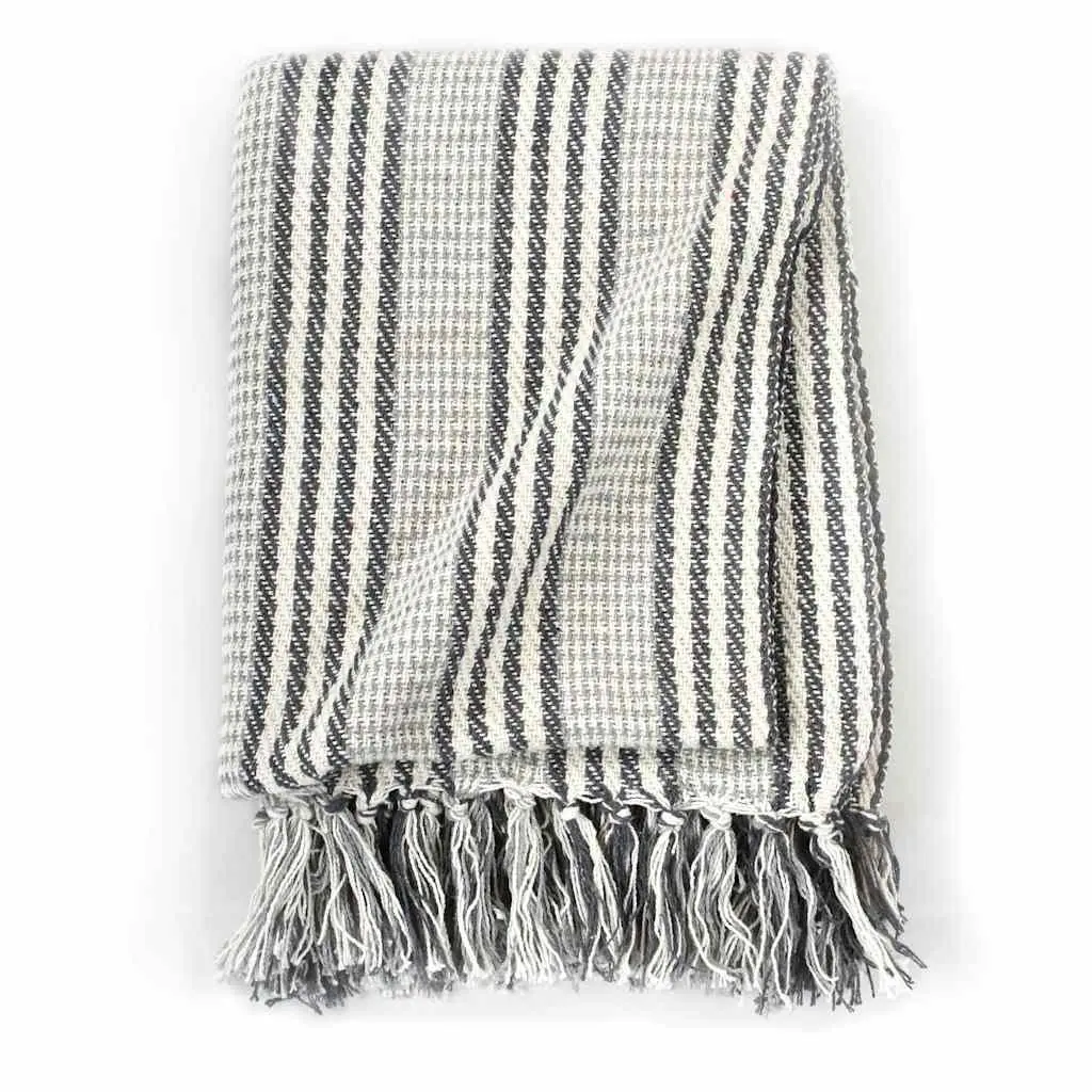 Cotton Throw Blanket Striped Grey White 220x250 cm Soft Plaid Tassel