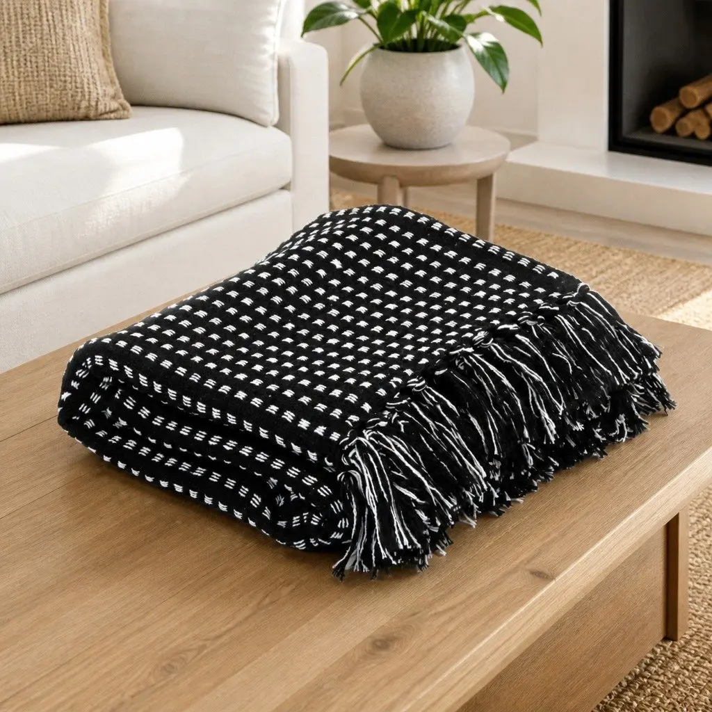 Cotton Throw Blanket 125x150 cm Plaid Design Tassel Black Sofa Bed Chair Cover
