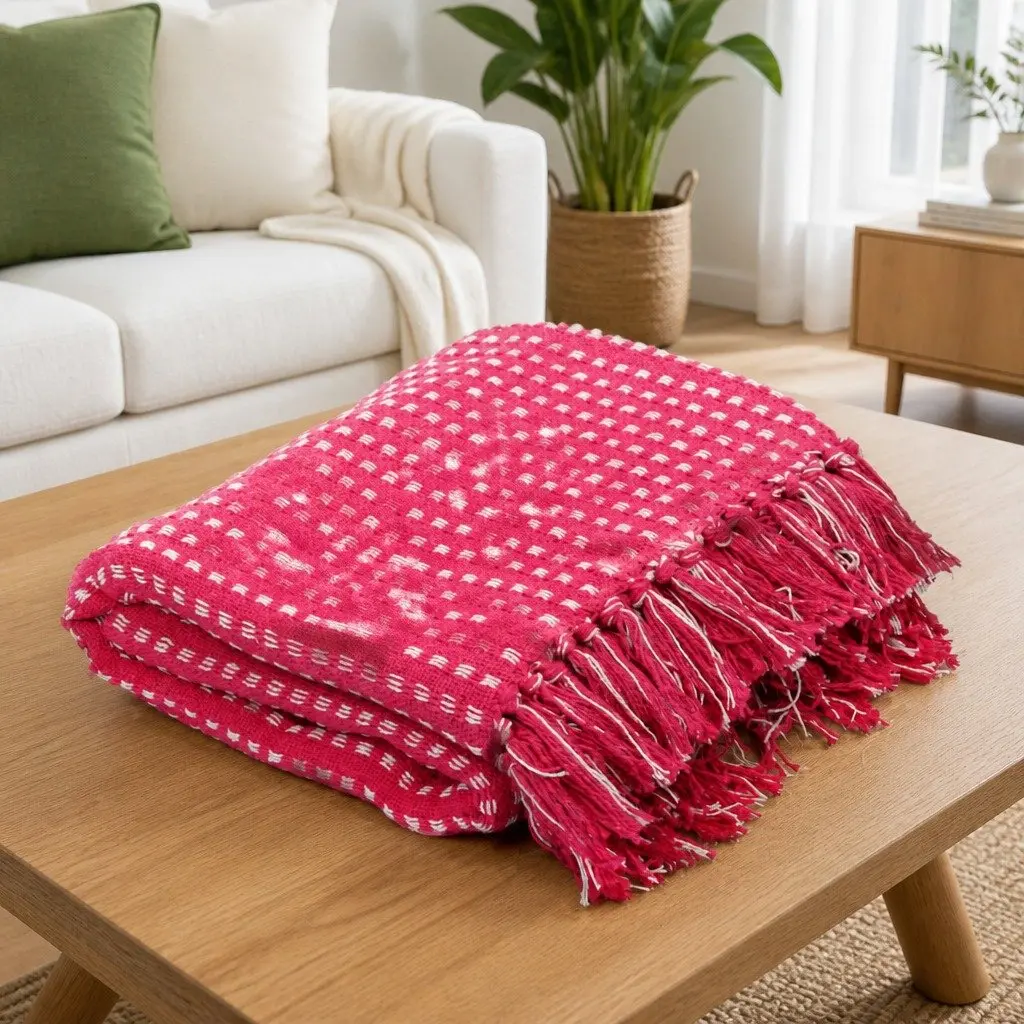 Cotton Throw Blanket in Pink Plaid