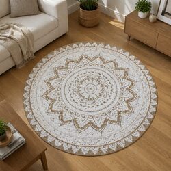 Friendly Beige Handwoven Jute Round Rug with Mandala Design
