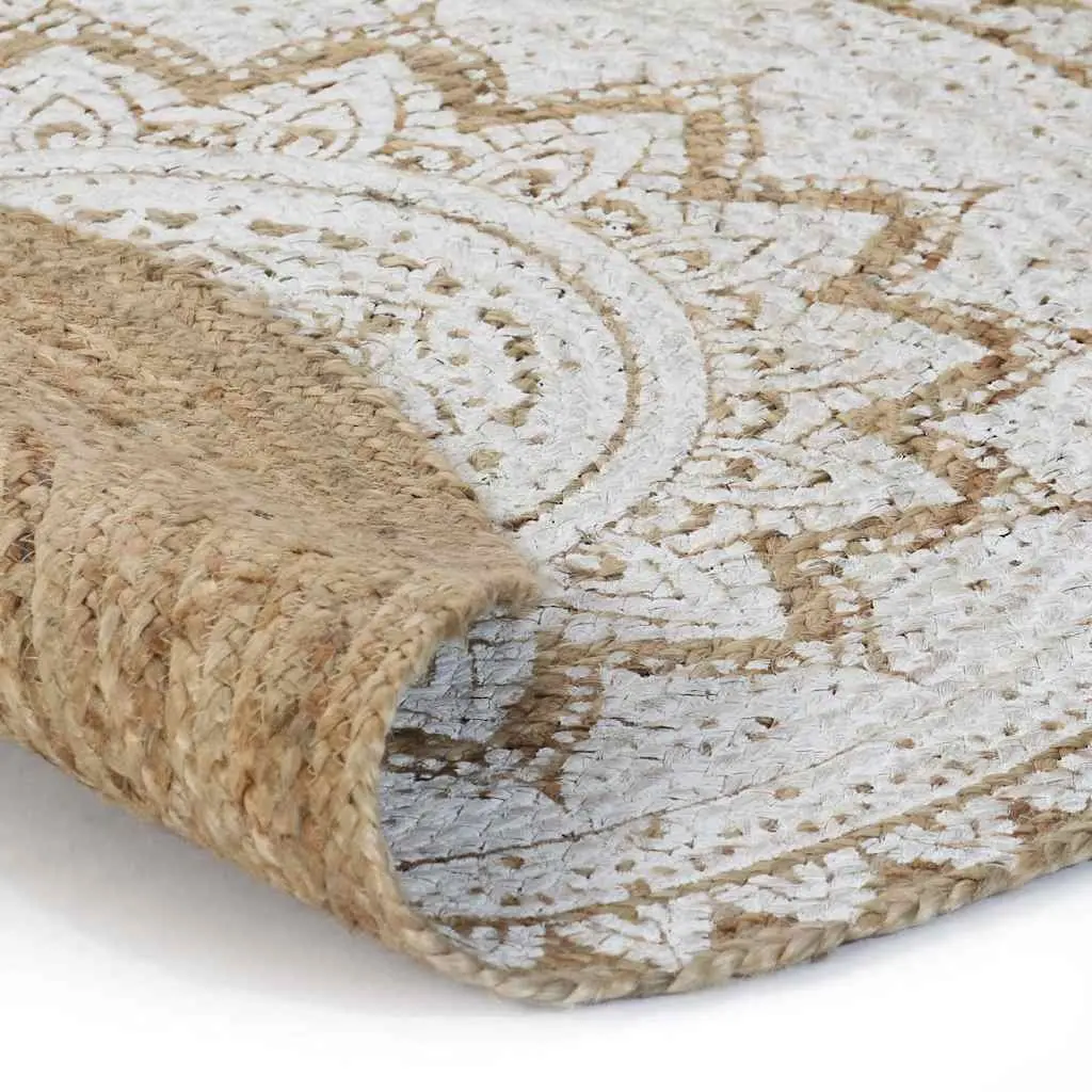 Braided Jute Round Area Rug Handwoven Mandala Print 90cm Beige Natural Home Decor