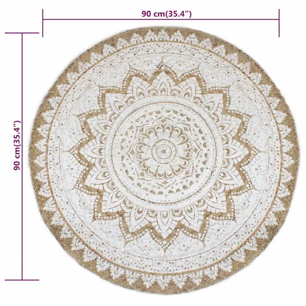 Braided Jute Round Area Rug Handwoven Mandala Print 90cm Beige Natural Home Decor