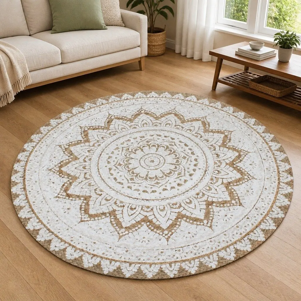 Round Braided Jute Area Rug Mandala Print 120cm