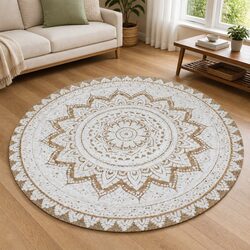 Round Braided Jute Area Rug with Mandala Print Home Decor Floor Carpet 120cm