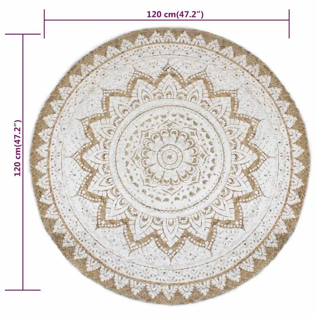 Round Braided Jute Area Rug Mandala Print 120cm