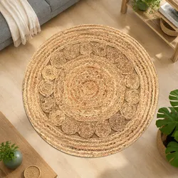 Round Area Rug Braided Jute Natural Texture Home Decor 90cm Handwoven Carpet