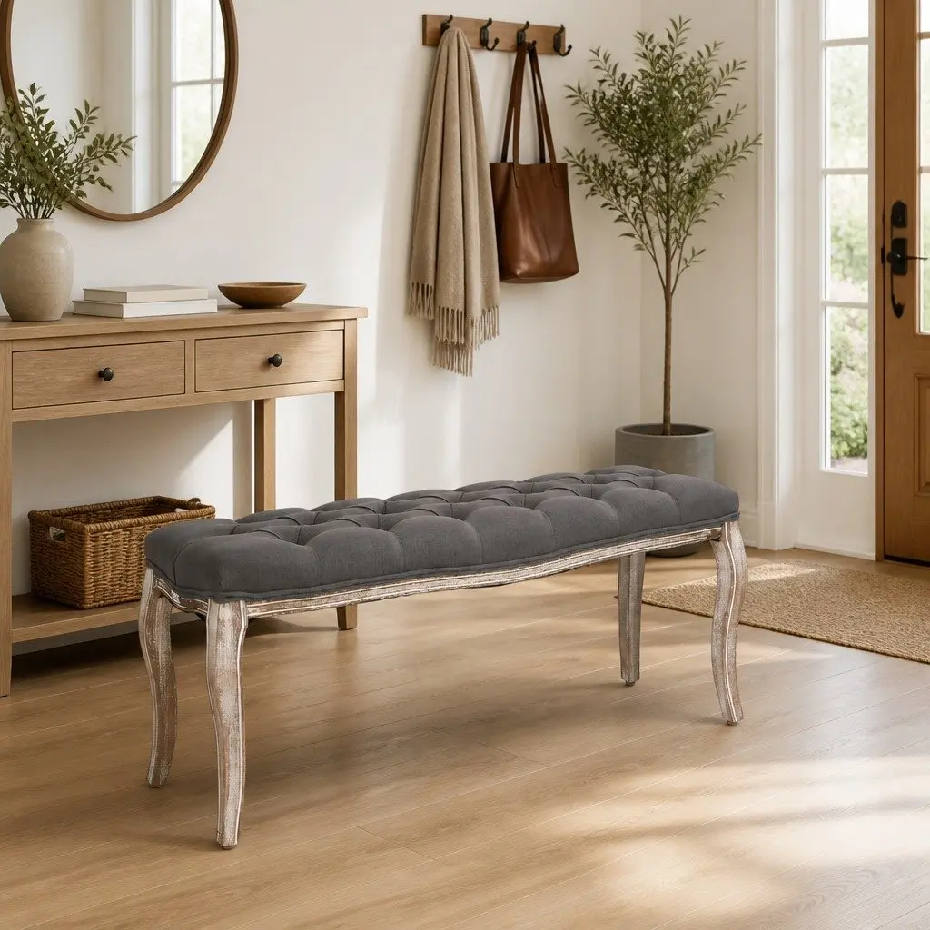 Padded Storage Bench Grey Linen Solid Wood Frame 110 x 38 x 48 cm