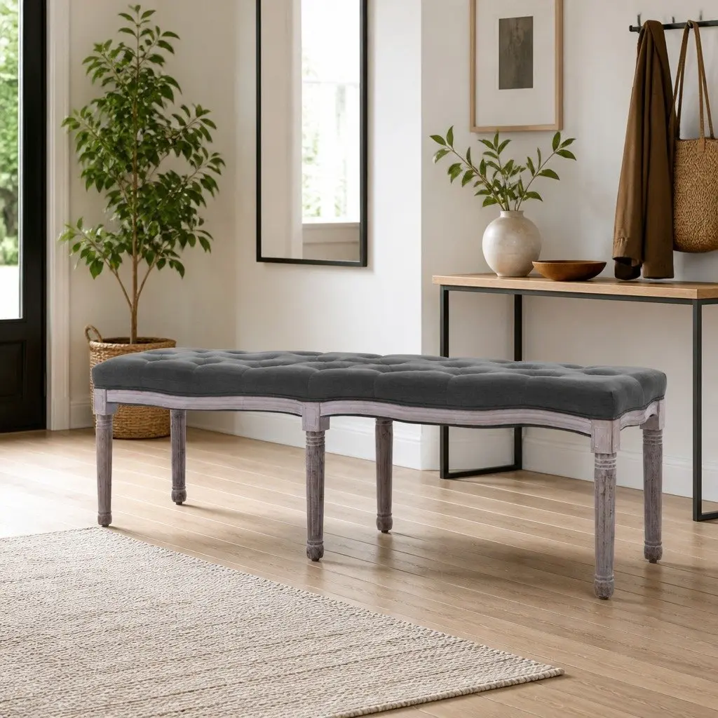 Padded Storage Bench Grey Linen Upholstered Solid Wood Frame 150 x 40 x 48 cm