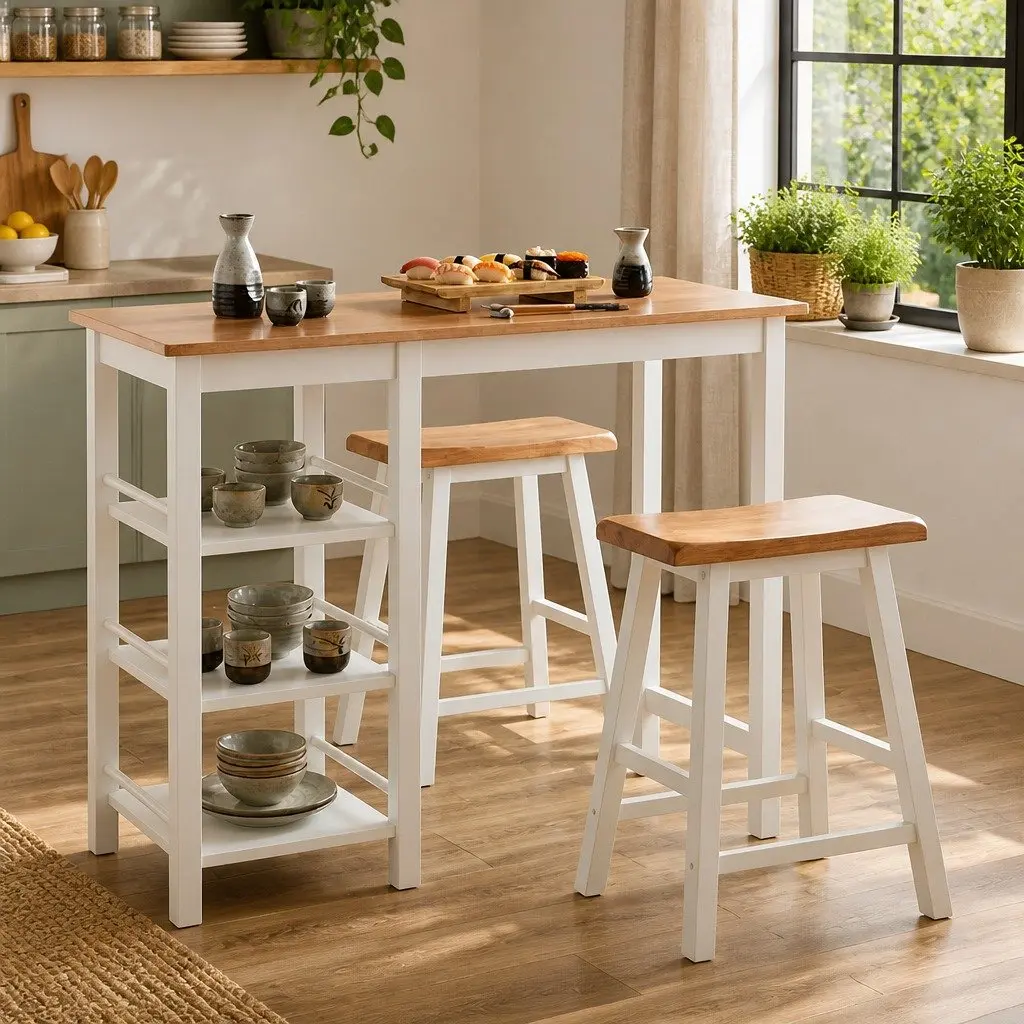 Bar Set 3 Pieces Table Stools White Kitchen Dining Room Furniture with Storage