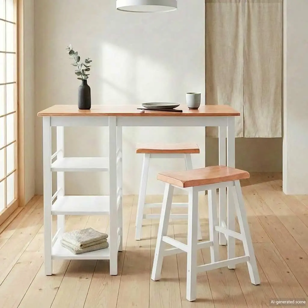 Bar Set 3 Pieces Table Stools White Kitchen Dining Room Furniture with Storage