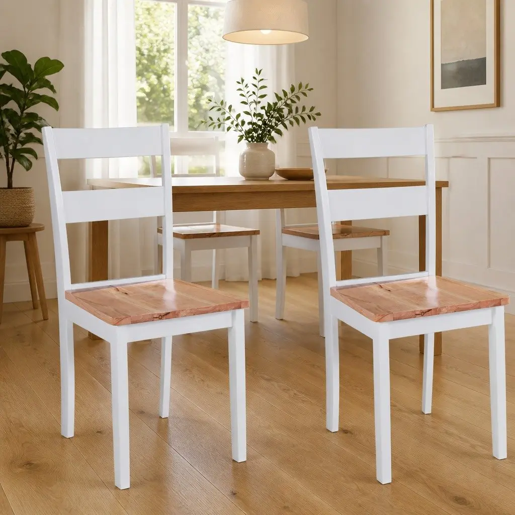Dining Chairs 2 pcs White Rubberwood Kitchen Room Furniture Seat Set Classic