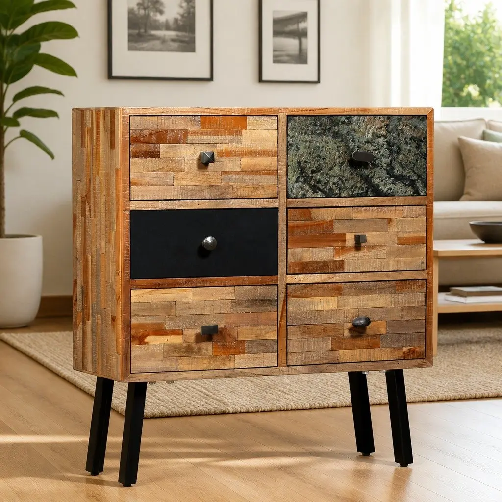 Side Cabinet Vintage Style 6 Drawers Solid Reclaimed Teak Brown 70W x 30D x 76H cm