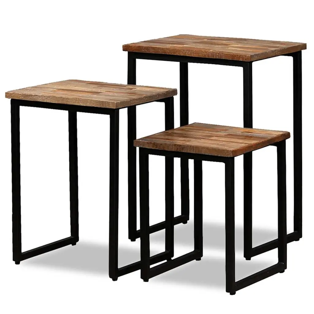 3 Piece Nesting Coffee Table Set Reclaimed Teak Industrial Style Brown Accent