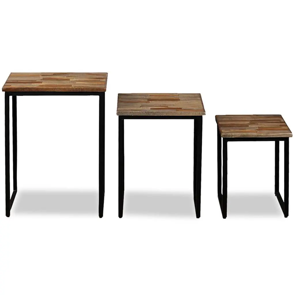 3 Piece Nesting Coffee Table Set Reclaimed Teak Industrial Style Brown Accent