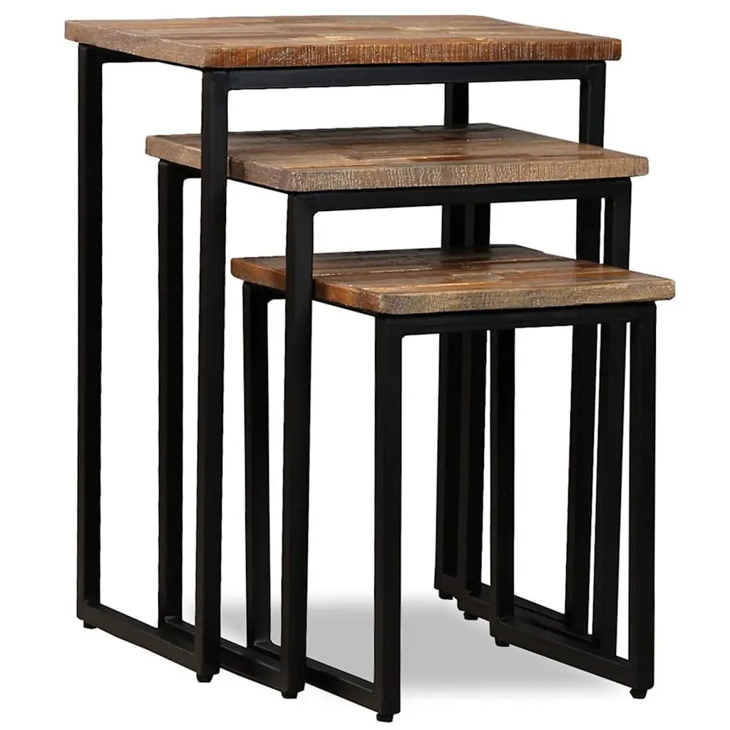 3 Piece Nesting Coffee Table Set Reclaimed Teak Industrial Style Brown Accent